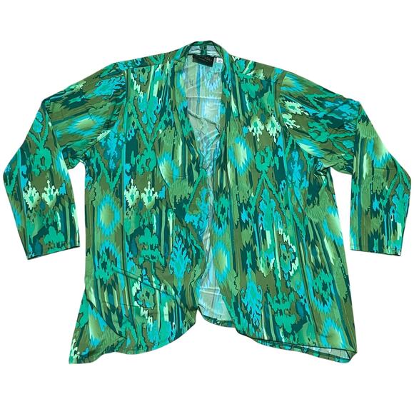 Bob Mackie Wearable Art Women 2X Green Blue Abstract Open Front Western Cardigan - Picture 1 of 4
